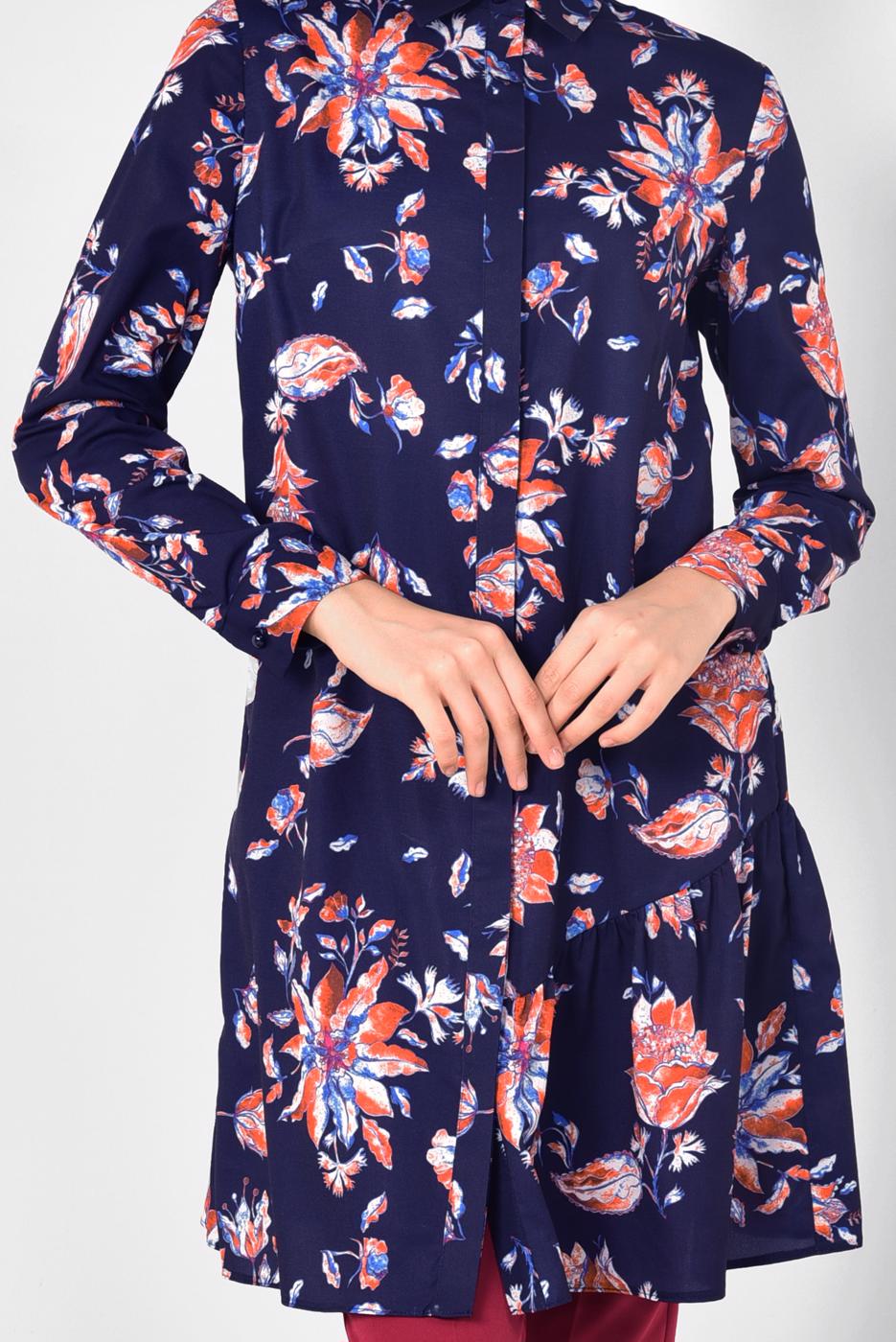 Tesettür giyim LACİVERT ÇİÇEK DESENLİ TUNİK T 4911