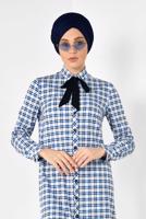 Tesettür giyim MAVİ ALVİNA YAKASI BAĞCIKLI EKOSE DESENLİ TUNİK 4912 