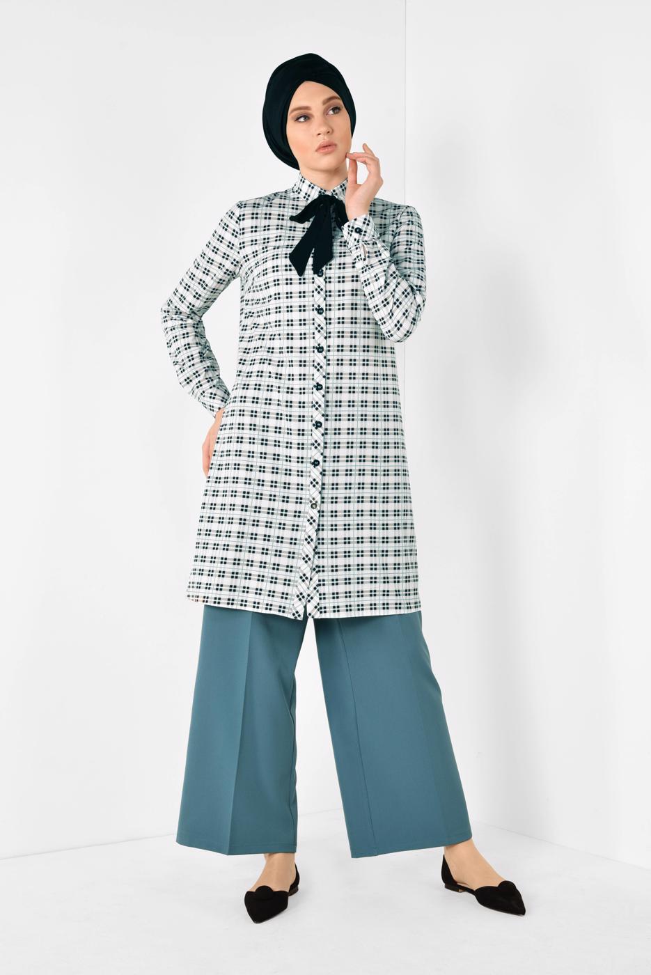 Tesettür giyim BEJ ALVİNA YAKASI BAĞCIKLI EKOSE DESENLİ TUNİK 4912 