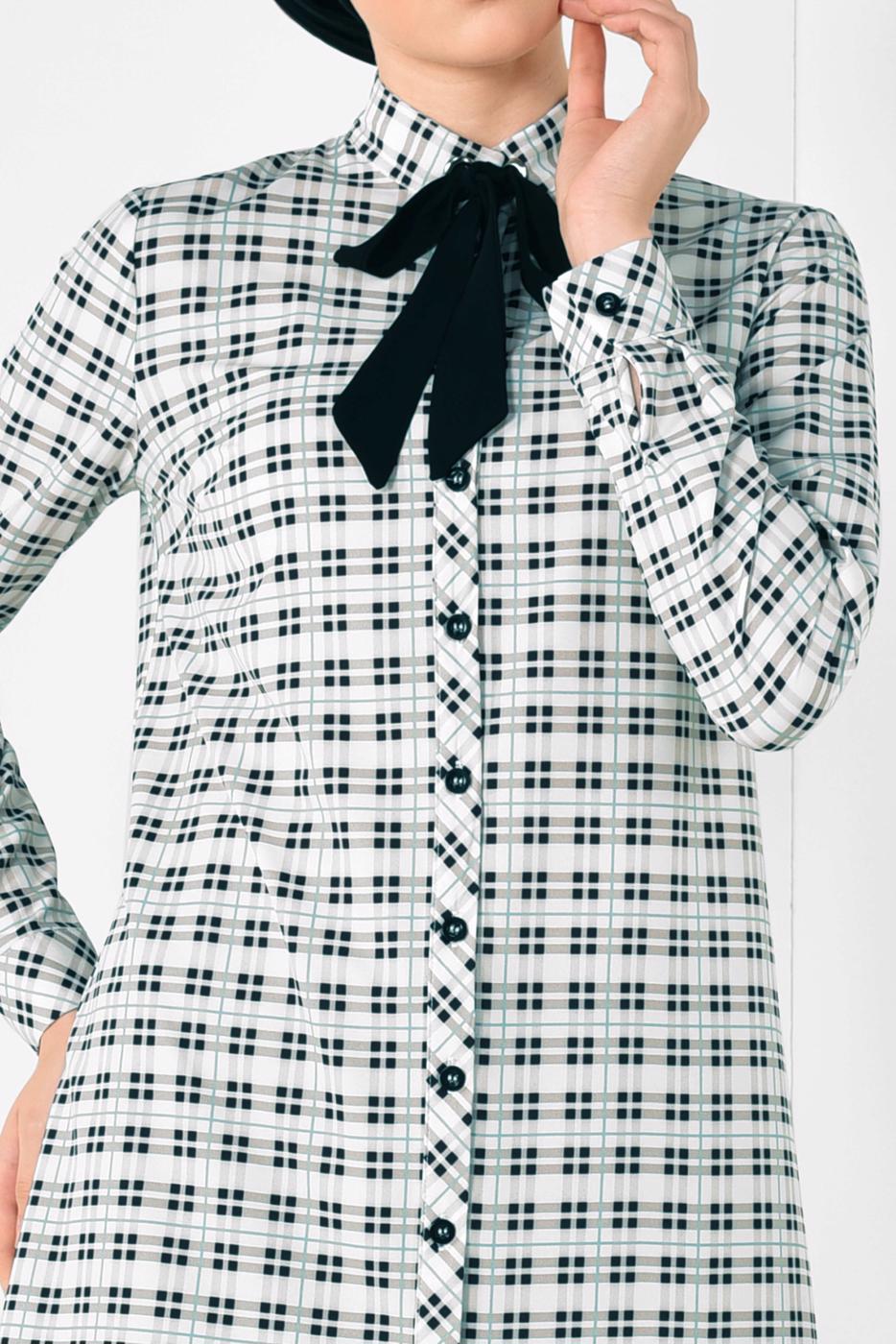 Tesettür giyim BEJ ALVİNA YAKASI BAĞCIKLI EKOSE DESENLİ TUNİK 4912 