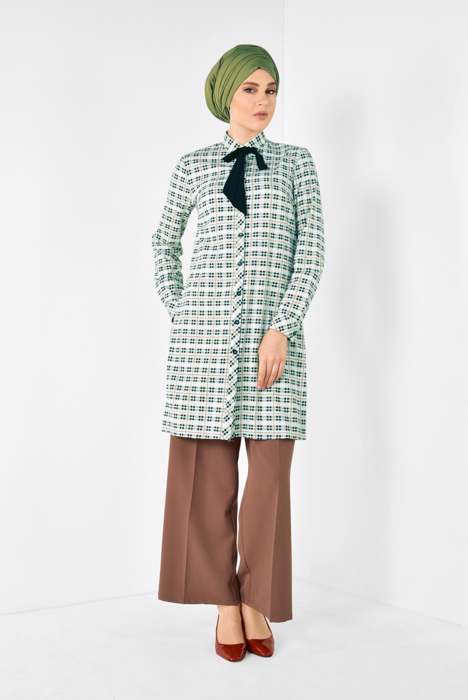 Tesettür giyim YEŞİL ALVİNA YAKASI BAĞCIKLI EKOSE DESENLİ TUNİK 4912 