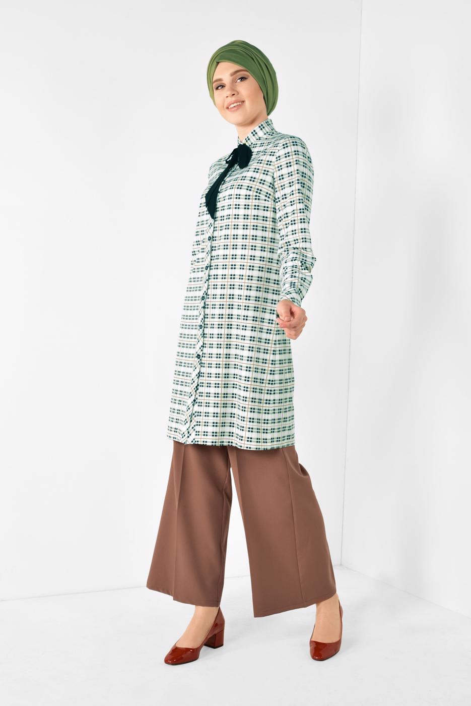 Tesettür giyim YEŞİL ALVİNA YAKASI BAĞCIKLI EKOSE DESENLİ TUNİK 4912 