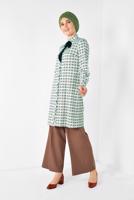 Tesettür giyim YEŞİL ALVİNA YAKASI BAĞCIKLI EKOSE DESENLİ TUNİK 4912 