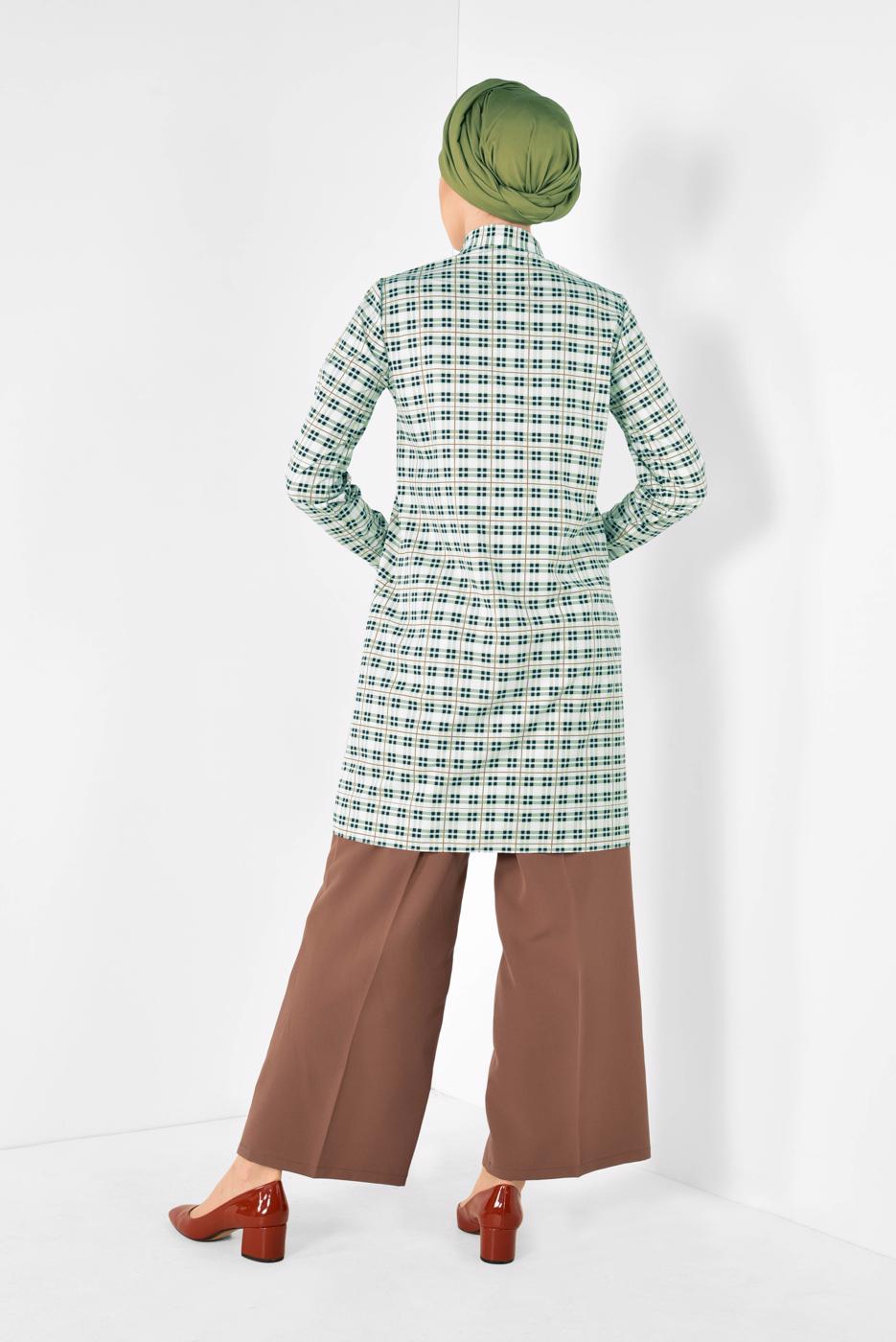 Tesettür giyim YEŞİL ALVİNA YAKASI BAĞCIKLI EKOSE DESENLİ TUNİK 4912 