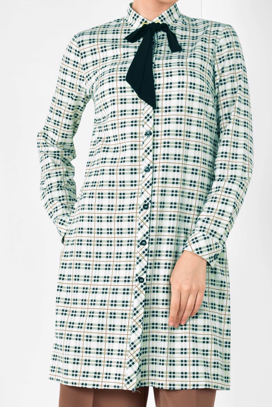 Tesettür giyim YEŞİL ALVİNA YAKASI BAĞCIKLI EKOSE DESENLİ TUNİK 4912 