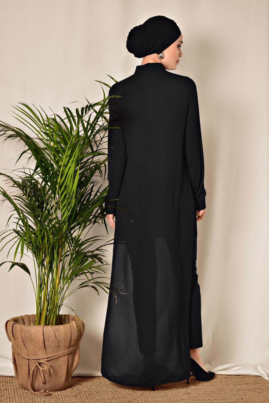 Tesettür giyim SİYAH ARKASI UZUN YAKA AKSESUAR DETAYLI TUNİK 4925