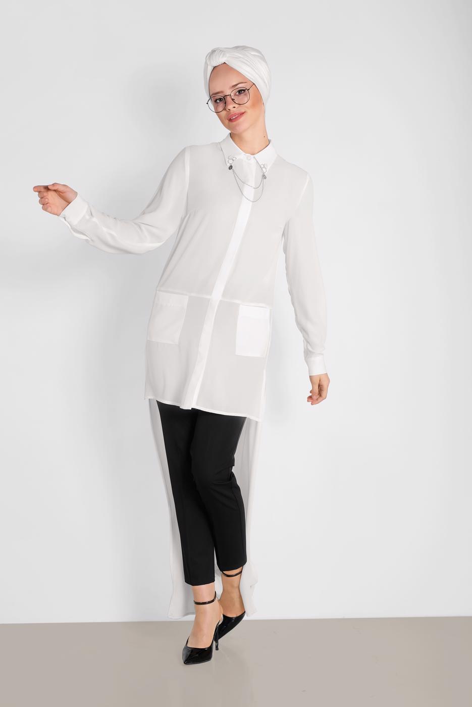 Tesettür giyim KREM ARKASI UZUN YAKA AKSESUAR DETAYLI TUNİK 4925