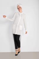 Tesettür giyim KREM ARKASI UZUN YAKA AKSESUAR DETAYLI TUNİK 4925