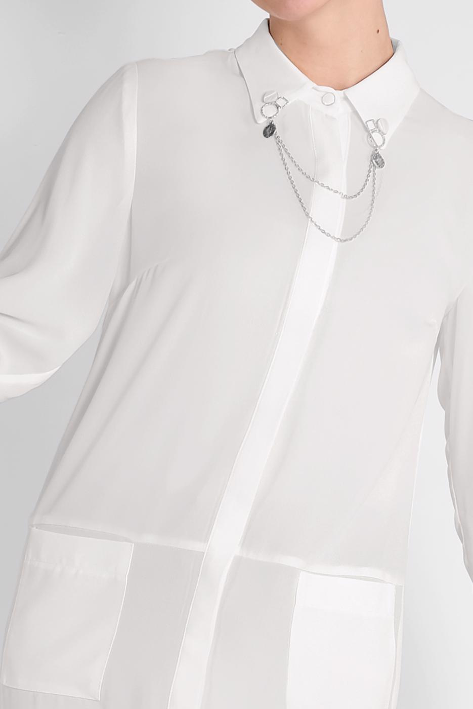 Tesettür giyim KREM ARKASI UZUN YAKA AKSESUAR DETAYLI TUNİK 4925