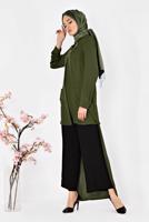 Tesettür giyim HAKİ ARKASI UZUN YAKA AKSESUAR DETAYLI TUNİK 4925