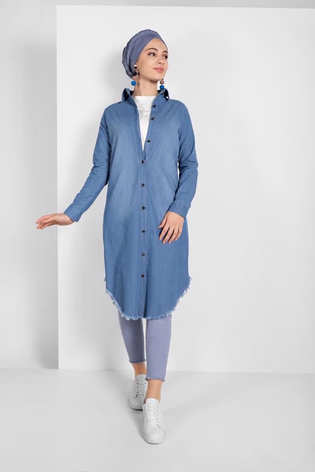 Tesettür giyim  ÖNDEN DÜĞMELİ DENİM TUNİK 5004 - TRENDTESETTÜR