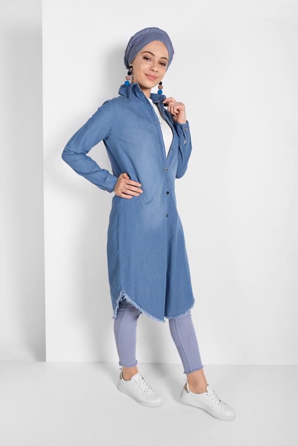 Tesettür giyim  ÖNDEN DÜĞMELİ DENİM TUNİK 5004 - TRENDTESETTÜR