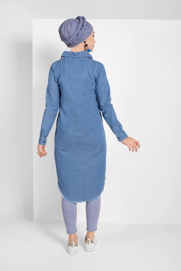 Tesettür giyim  ÖNDEN DÜĞMELİ DENİM TUNİK 5004 - TRENDTESETTÜR