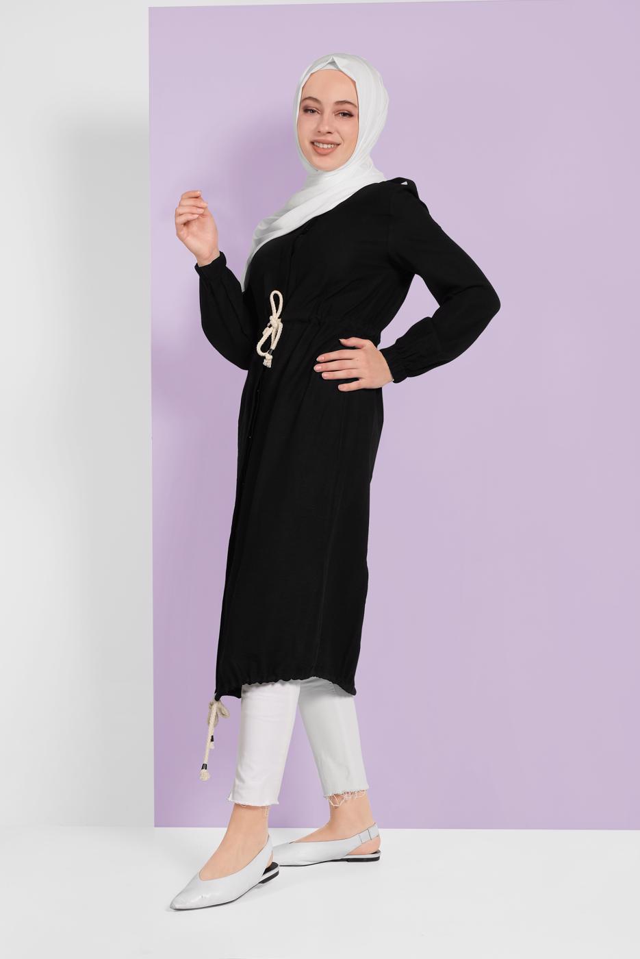 Tesettür giyim SİYAH BELİ BAĞCIKLI TUNİK 5466