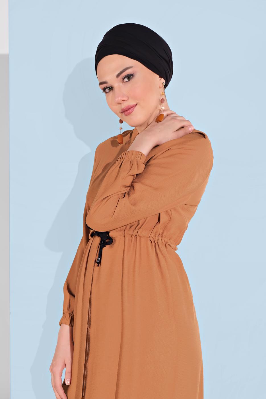 Tesettür giyim KAHVE BELİ BAĞCIKLI TUNİK 5466