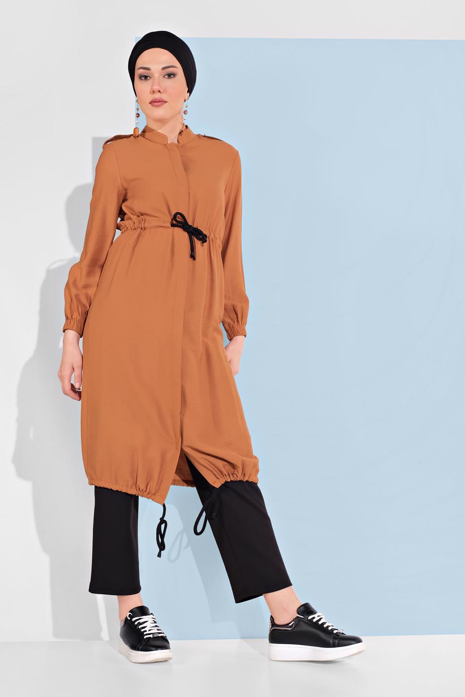 Tesettür giyim KAHVE BELİ BAĞCIKLI TUNİK 5466