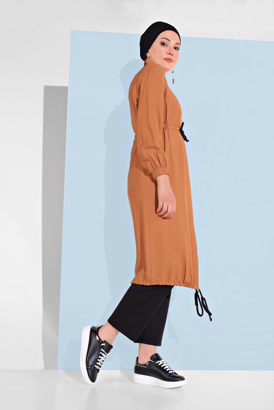 Tesettür giyim KAHVE BELİ BAĞCIKLI TUNİK 5466
