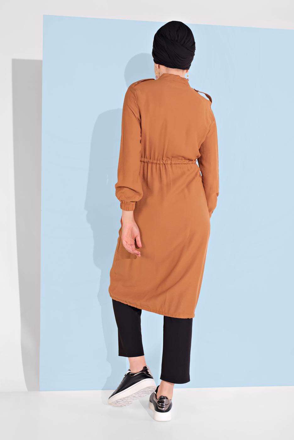 Tesettür giyim KAHVE BELİ BAĞCIKLI TUNİK 5466