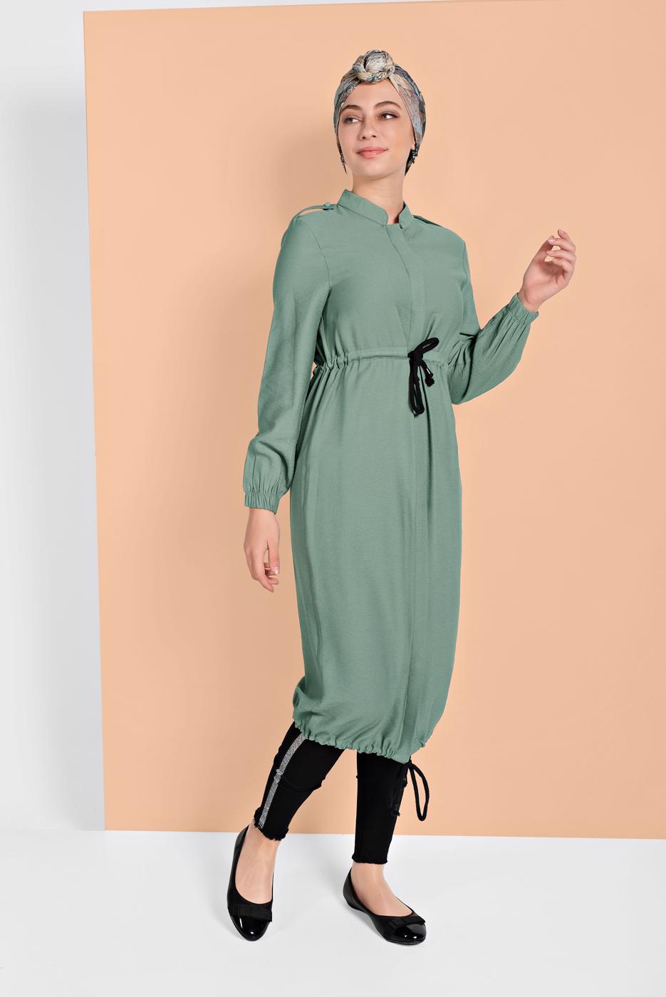 Tesettür giyim YEŞİL BELİ BAĞCIKLI TUNİK 5466