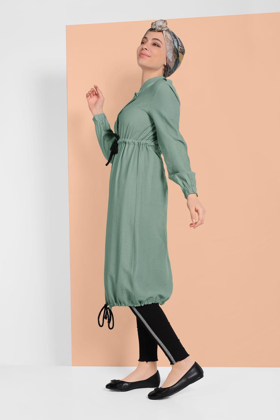 Tesettür giyim YEŞİL BELİ BAĞCIKLI TUNİK 5466