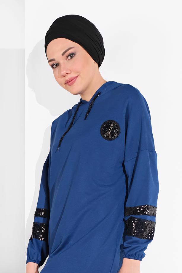 Vêtements hijab BLEU MARINE SWEAT À CAPUCHE À SEQUINS 5606  - TRENDTESETTÜR