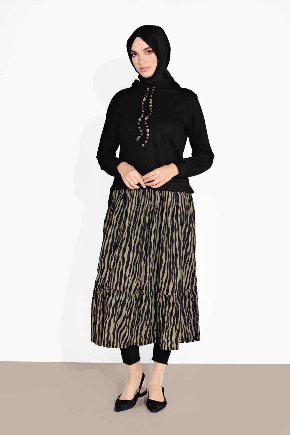Tesettür giyim SİYAH ZEBRA DESENLİ KAPÜŞONLU TUNİK 6016