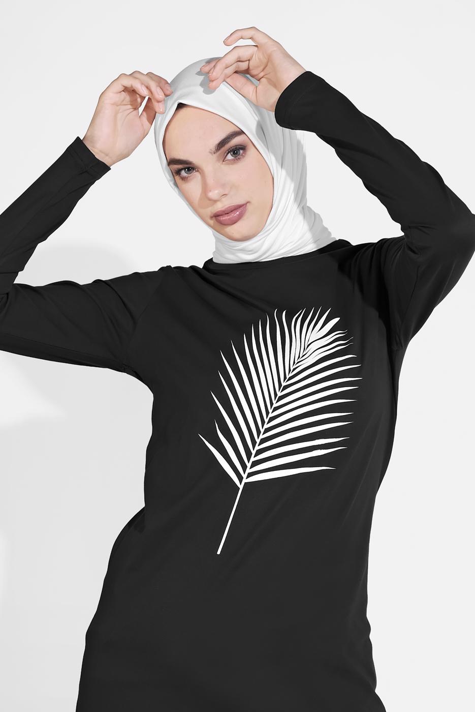 Tesettür giyim SİYAH YAPRAK DESENLİ TUNİK 6207