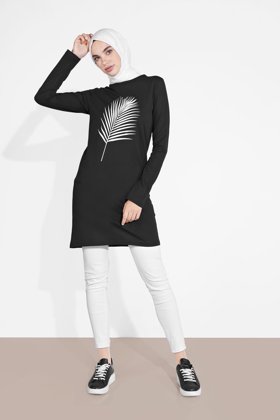 Tesettür giyim SİYAH YAPRAK DESENLİ TUNİK 6207