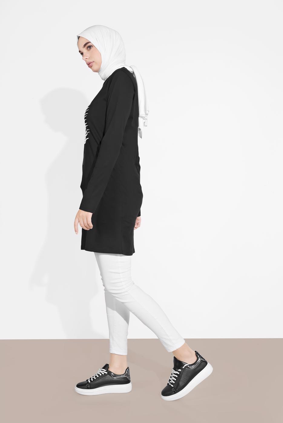 Tesettür giyim SİYAH YAPRAK DESENLİ TUNİK 6207