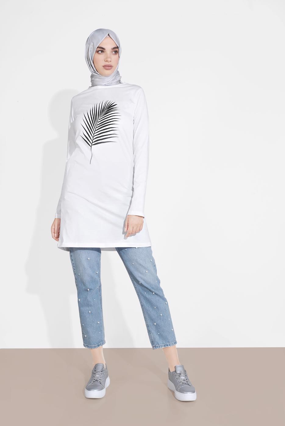 Tesettür giyim BEYAZ YAPRAK DESENLİ TUNİK 6207