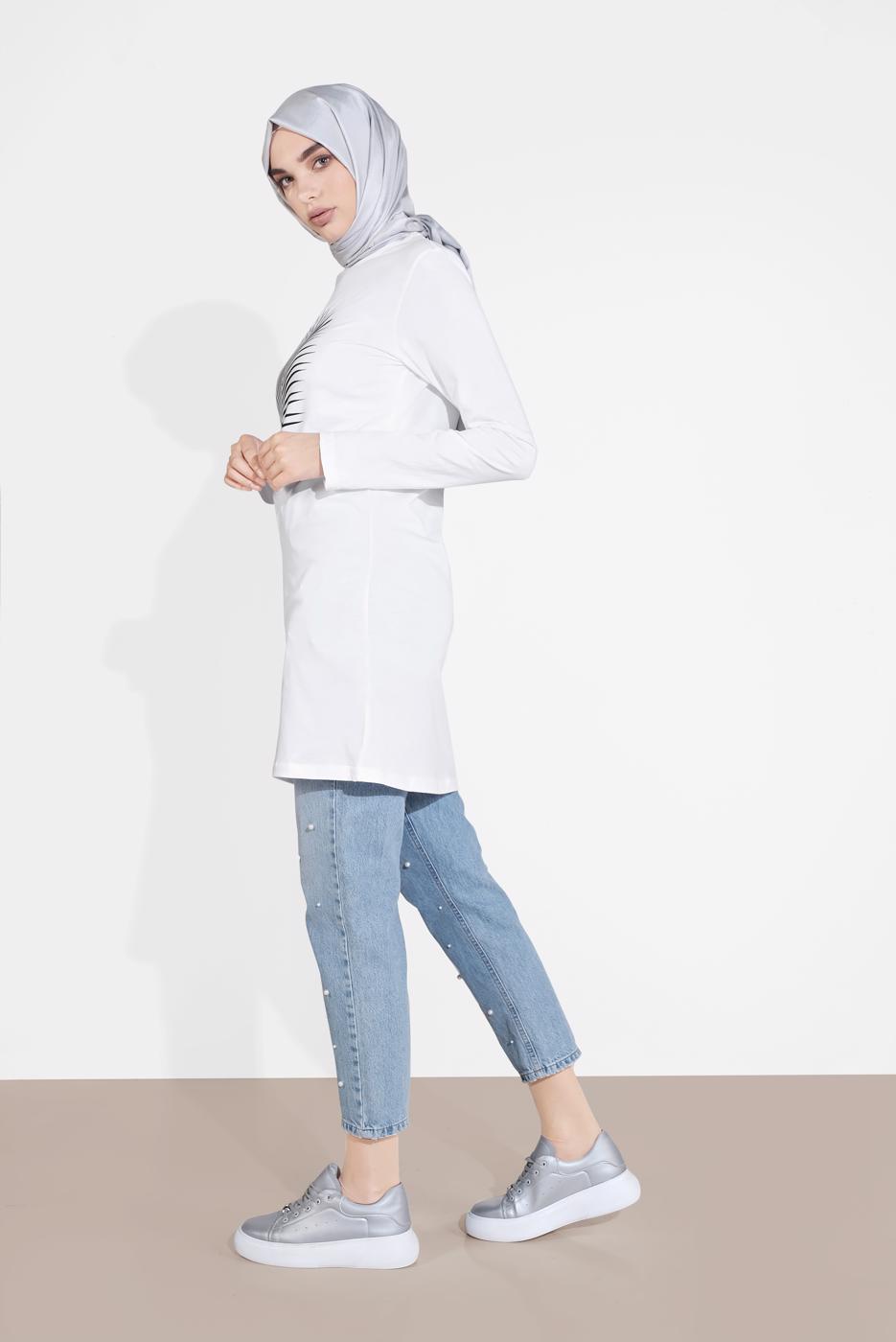 Tesettür giyim BEYAZ YAPRAK DESENLİ TUNİK 6207