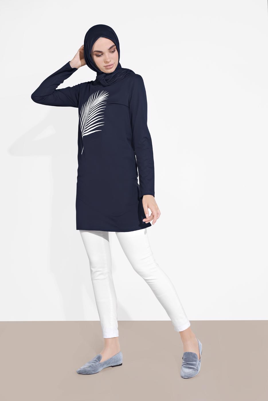 Tesettür giyim LACİVERT YAPRAK DESENLİ TUNİK 6207