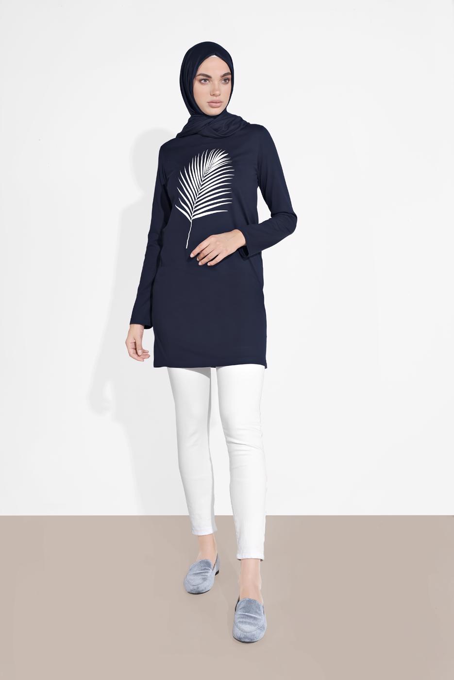 Tesettür giyim LACİVERT YAPRAK DESENLİ TUNİK 6207