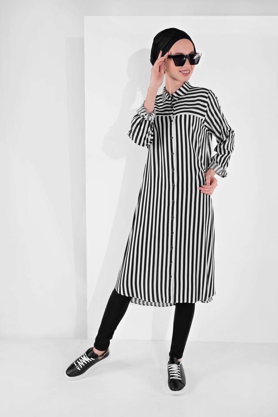 Hijab clothing CREAM BUTTON-TRIMMED STRIPPED TUNIC 6465 