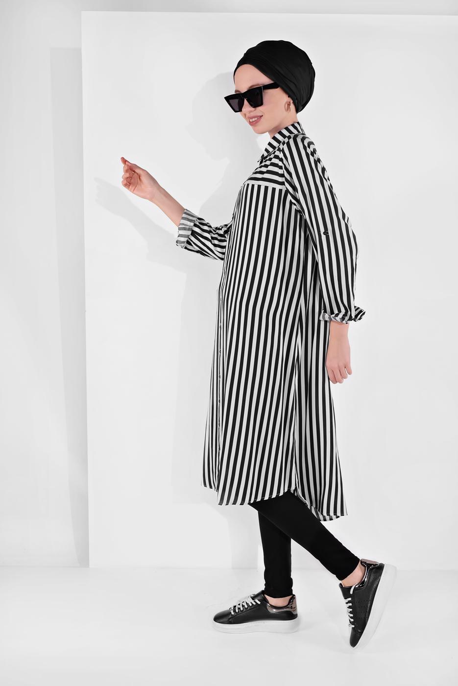 Hijab clothing CREAM BUTTON-TRIMMED STRIPPED TUNIC 6465 