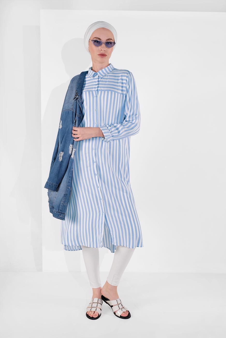 Vêtements hijab CRÈME TUNIQUE RAYÉE À BOUTONNÉE 6465