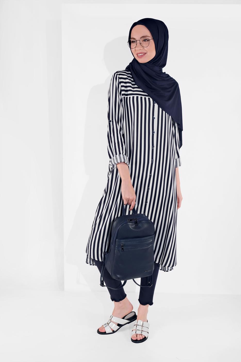 Hijab clothing CREAM BUTTON-TRIMMED STRIPPED TUNIC 6465 