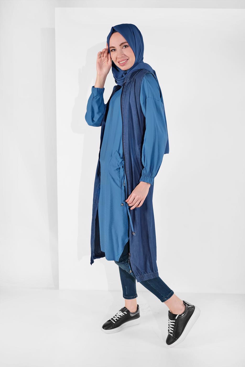 Hijab clothing NAVY BLUE ZIPPED DENIM VEST 7004 