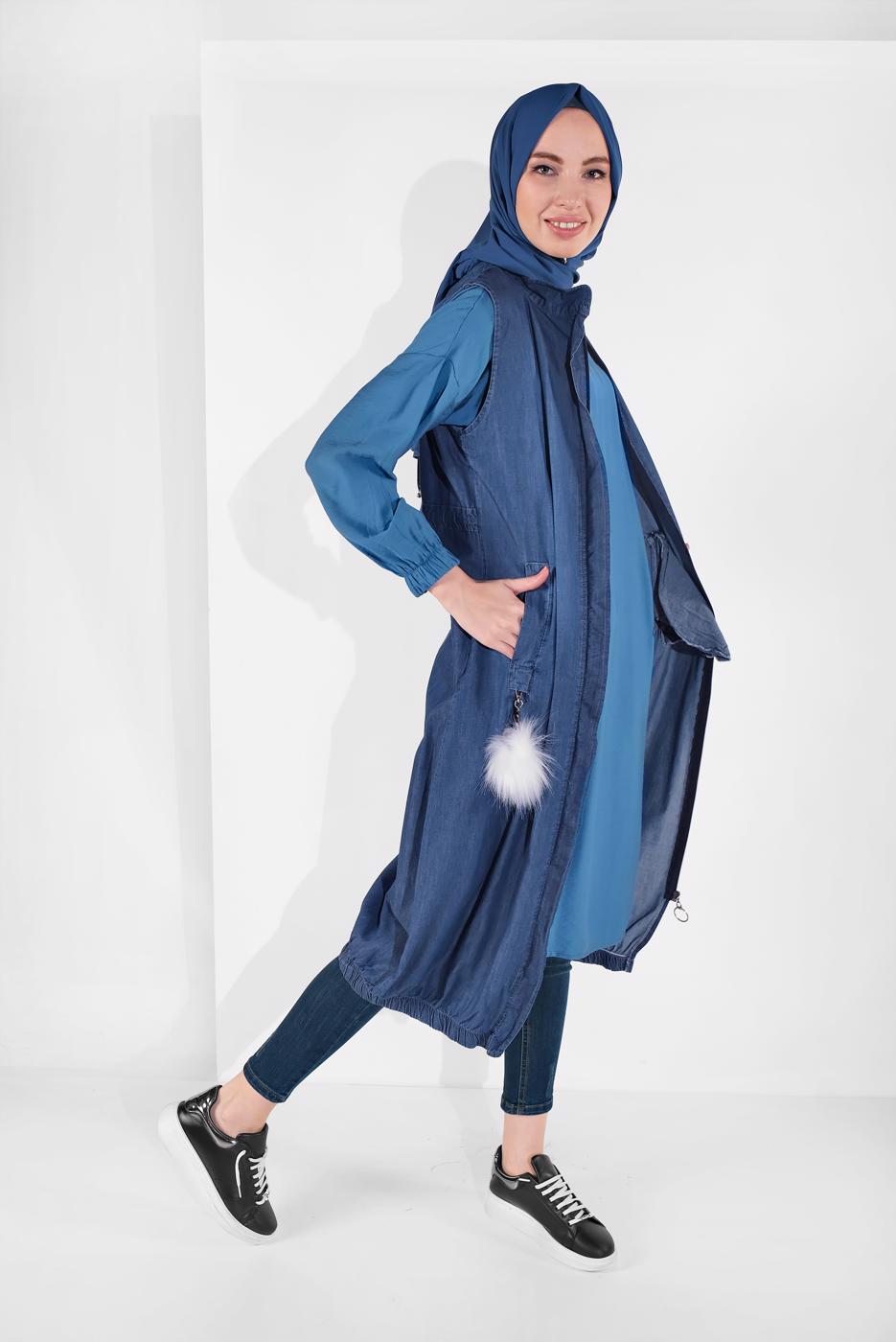Hijab clothing NAVY BLUE ZIPPED DENIM VEST 7004 
