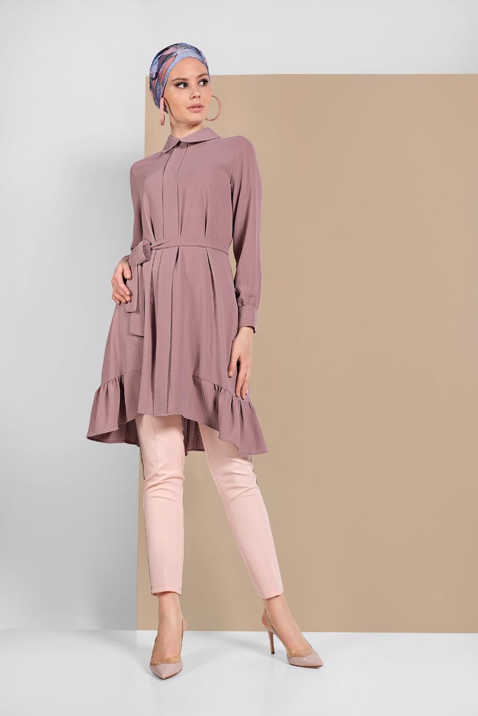 Vêtements hijab POURPRE TUNIQUE À RUCHÉE AVEC CEINTURE 7655