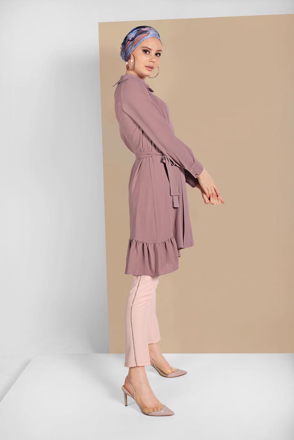 Vêtements hijab POURPRE TUNIQUE À RUCHÉE AVEC CEINTURE 7655