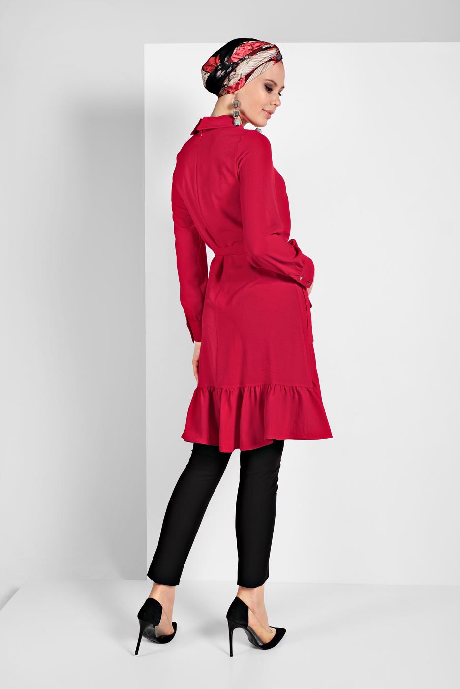 Hijab clothing FUCHSIA RUFFLE-HEM BELTED TUNIC 7655 