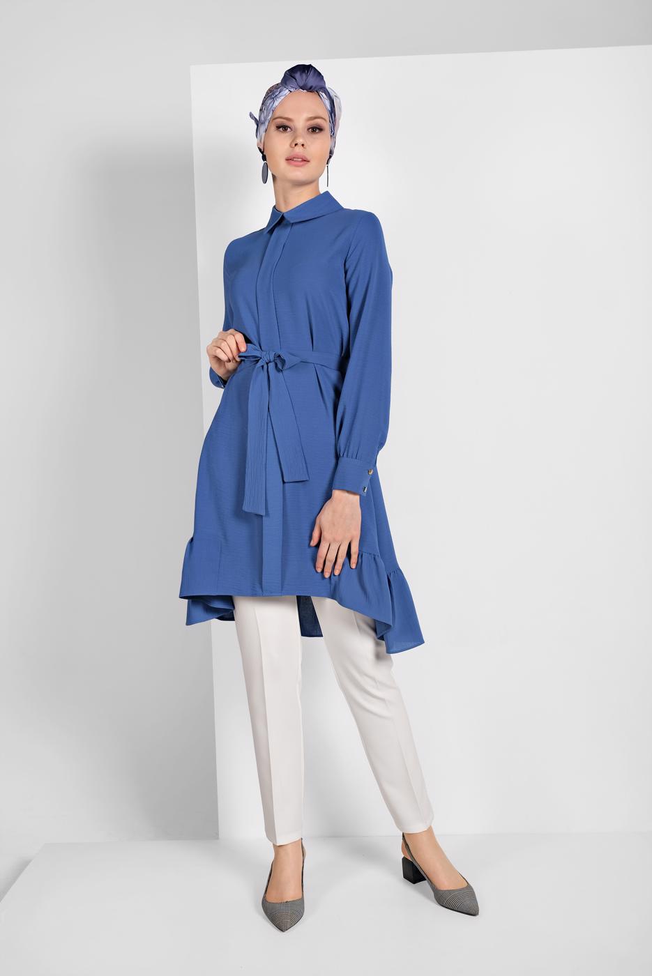 Hijab clothing NAVY BLUE RUFFLE-HEM BELTED TUNIC 7655 