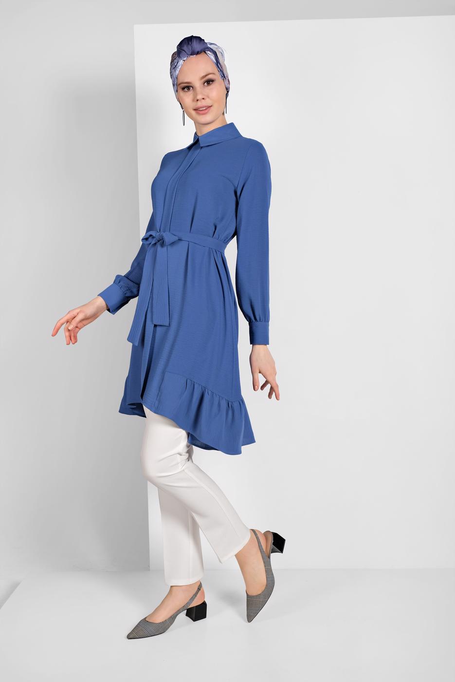 Hijab clothing NAVY BLUE RUFFLE-HEM BELTED TUNIC 7655 