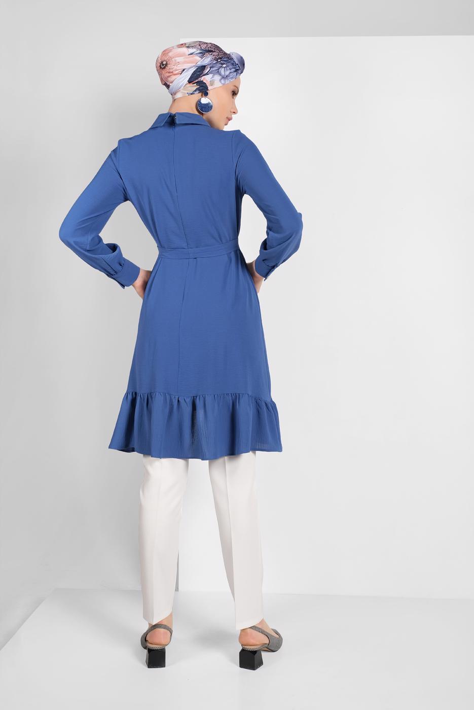 Hijab clothing NAVY BLUE RUFFLE-HEM BELTED TUNIC 7655 