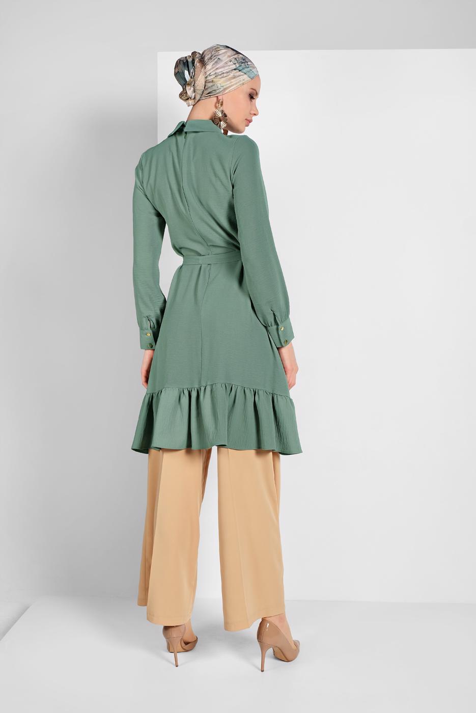 Hijab clothing GREEN RUFFLE-HEM BELTED TUNIC 7655 