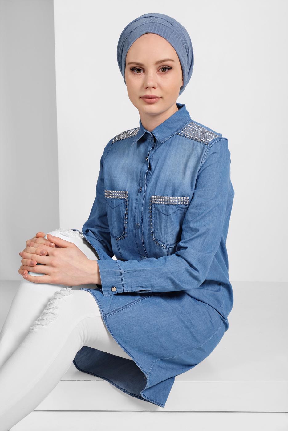Tesettür giyim MAVİ GÜMÜŞ CEP DETAYLI TUNİK 8011