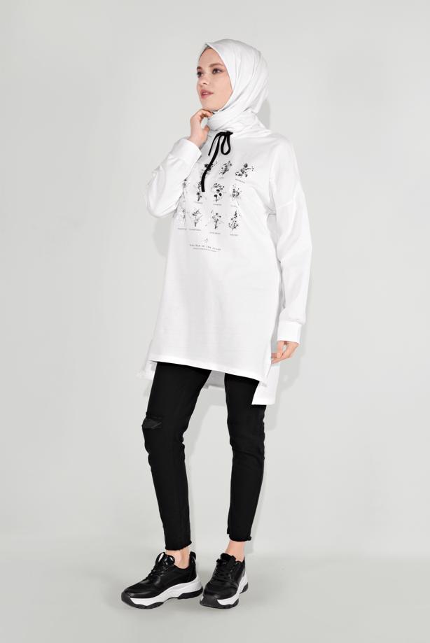 Vêtements hijab CRÈME TUNIQUE IMPRIMÉE À CAPUCHE 8236 - TRENDTESETTÜR