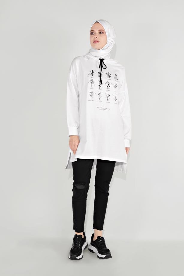 Vêtements hijab CRÈME TUNIQUE IMPRIMÉE À CAPUCHE 8236 - TRENDTESETTÜR