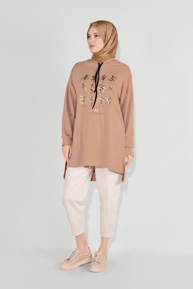 Vêtements hijab BEIGE TUNIQUE IMPRIMÉE À CAPUCHE 8236 - TRENDTESETTÜR